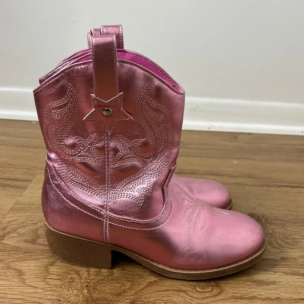 Metallic Pink Western Cowboy Boots Kids Size 2 Star Pull Tab Faux Leather
